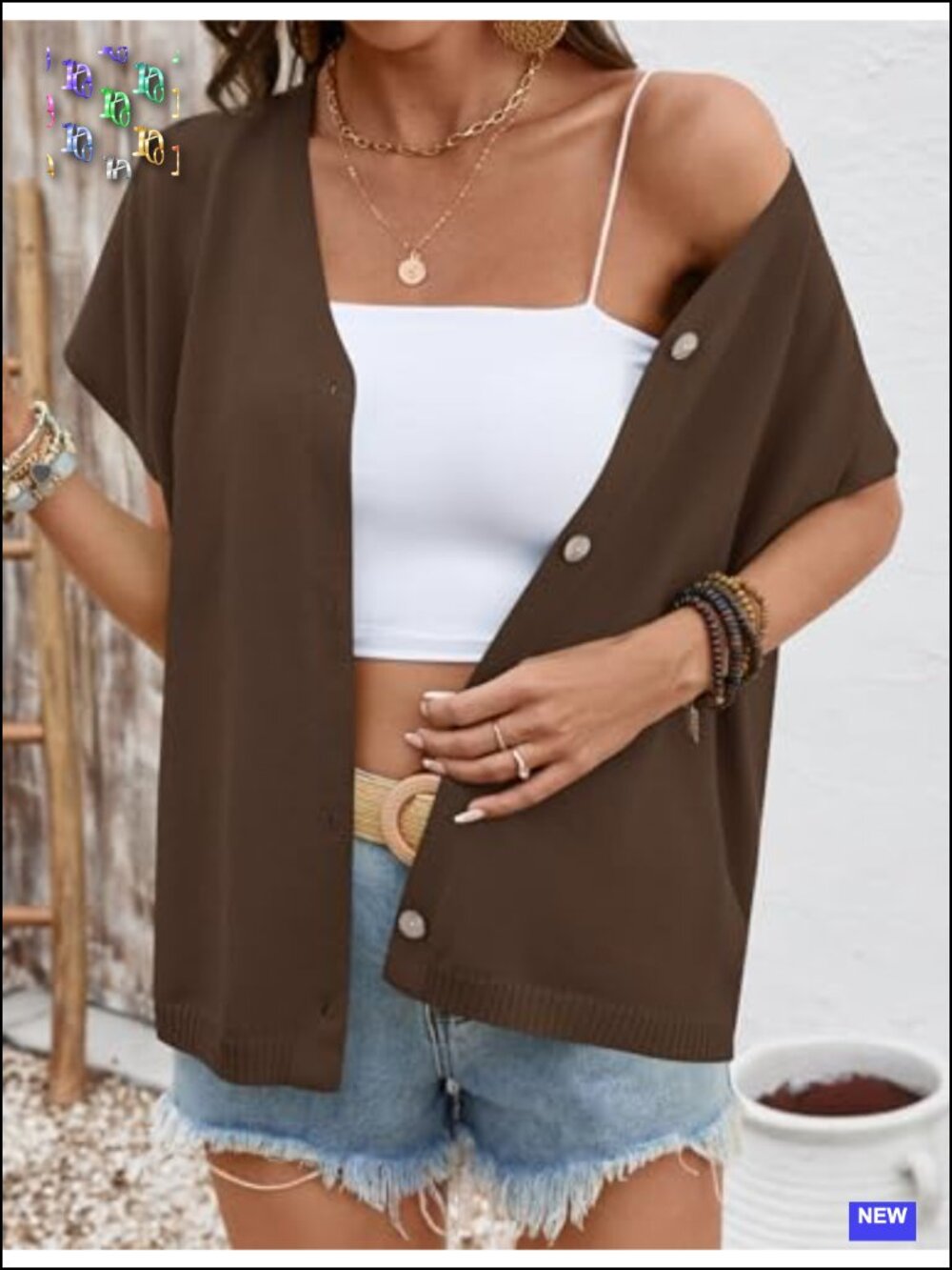 Oversized Short Sleeve V-Neck Cardigan Lightweight Knitted Button Down - Picture 4 of 6